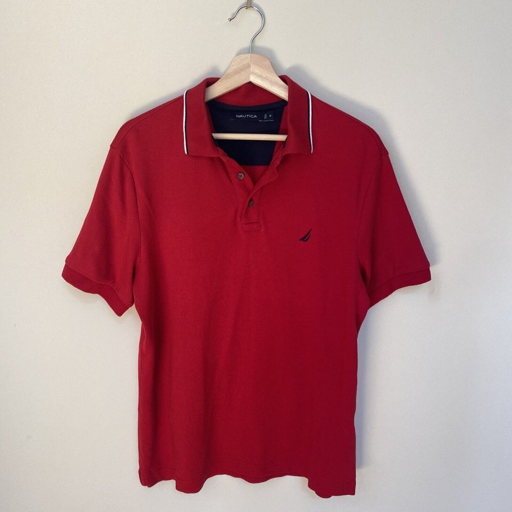 Nautica Red Striped Collar Polo Men’s Size M